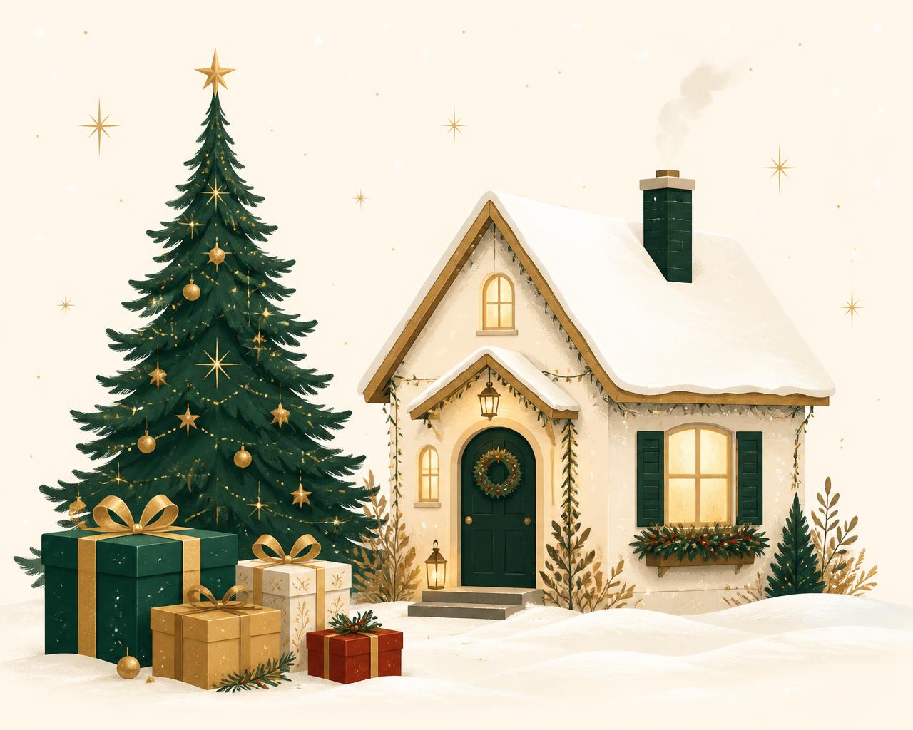 Maison illuminée sous la neige, sapin décoré et cadeaux enrubannés d'or
